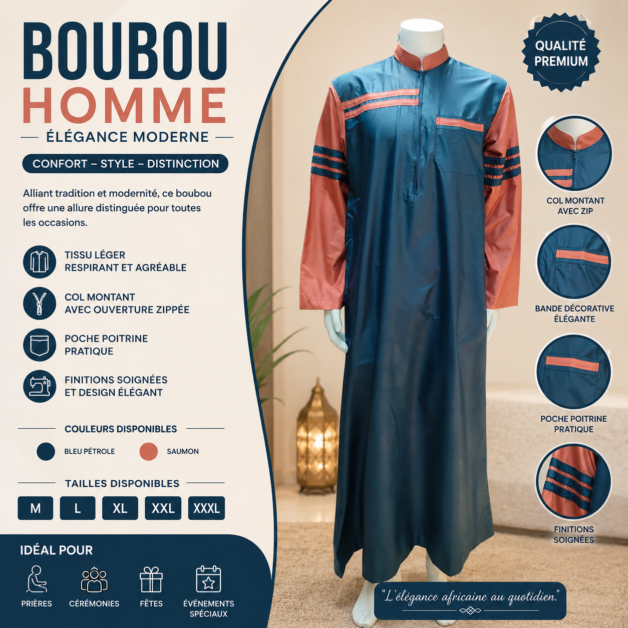 Boubou Homme Élégance Moderne – Bleu Pétrole & Saumon