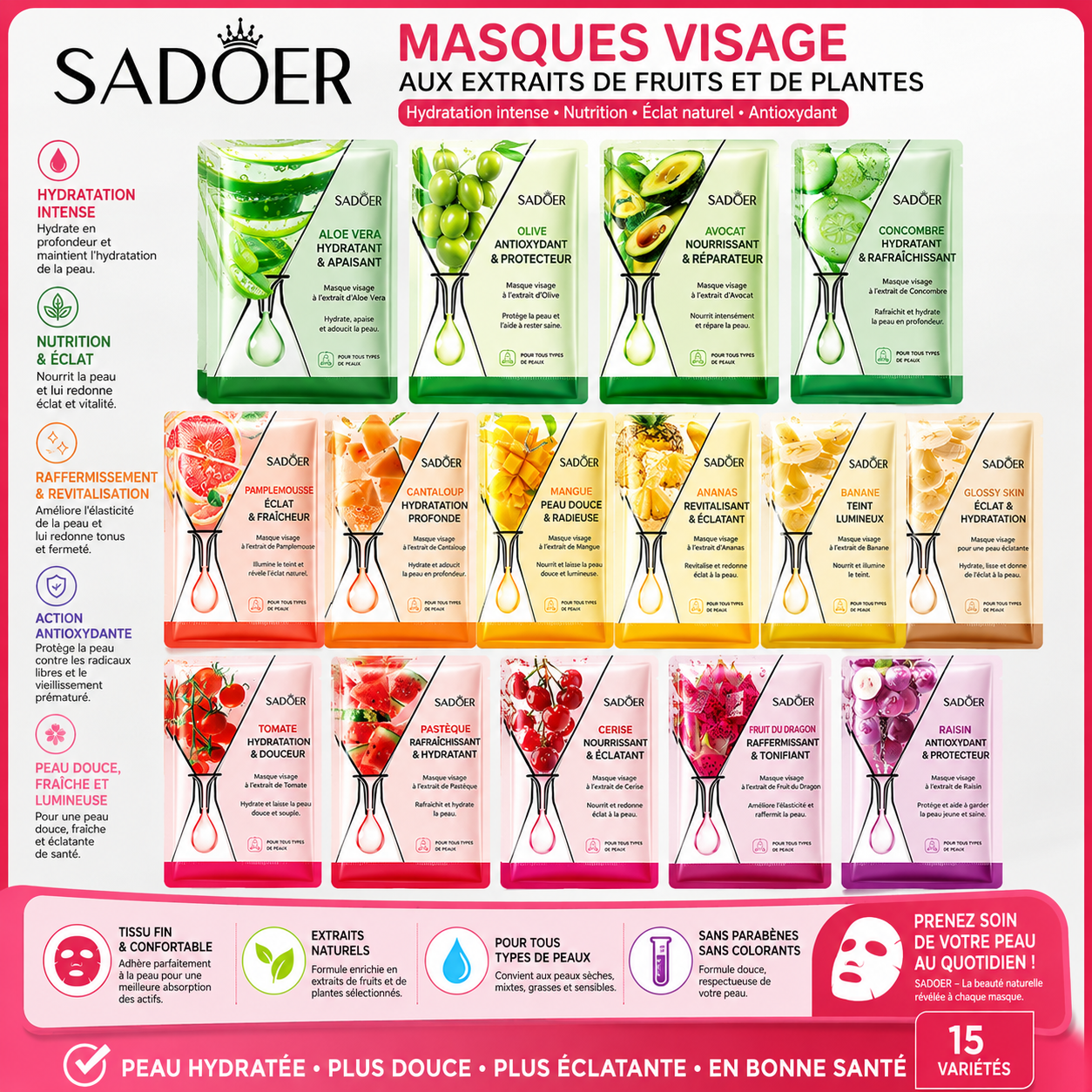 SADOER – Masques Visage aux Extraits de Fruits et de Plantes